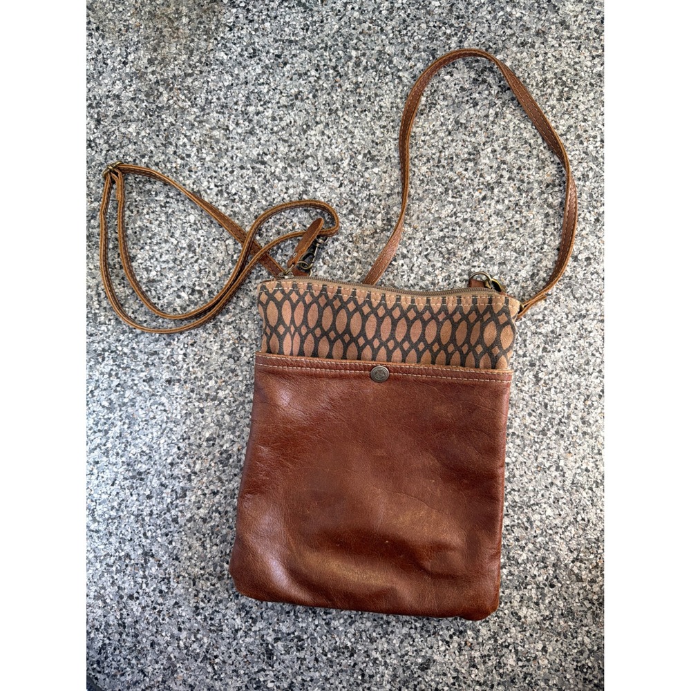 Myra Bag Brown Leather Canvas Crossbody Small Shoulder Bag Geometric Pattern